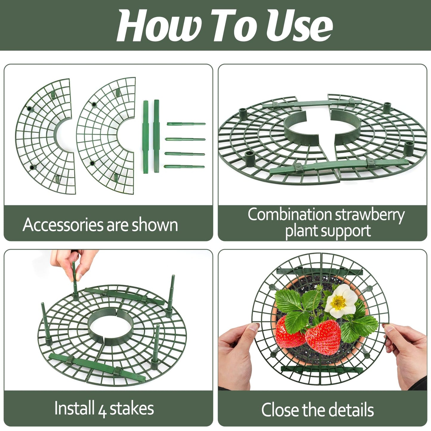 COZYDIG 4 Sets Strawberry Plant Support with Mesh Plant Cover,Strawberry Growing Racks Sets with Iron Plant Nails and Storage Bag for Garden Strawberry Vegetables(White Net - Round)