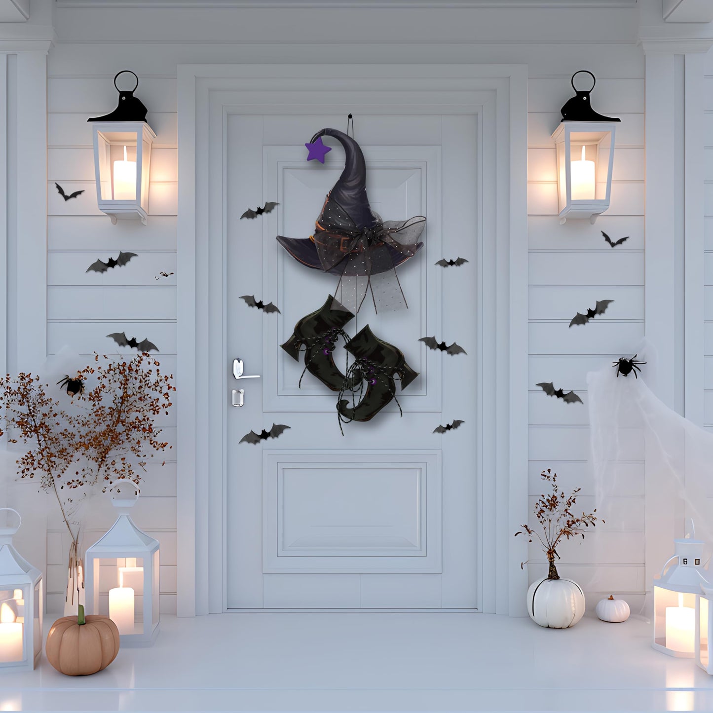 Halloween Witch Hanging Door Decor - Hocus Pocus Hat Shoes Sign Wreath Wooden Decorations with Bats for Wall Outdoor