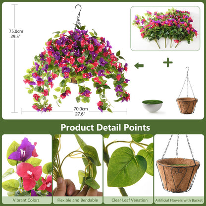 Homsunny Artificial Fake Hanging Flowers Plants Basket for Outdoor Decoration, Faux Silk Flower Bougainvillea Planter Look Real UV Resistant for Home Porch Patio Balcony Yard Spring Decor(Mix Pulple)