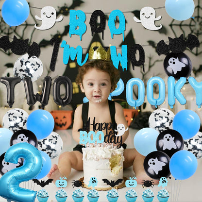 Halloween 2nd Birthday Party Decorations for Boys Blue Two Spooky Birthday Decor Boo I'm Two Banner Happy Boo Day Cake and Cupcake Toppers Ghost Bat Latex Balloon for Boys 2nd Bday Decor Supplies