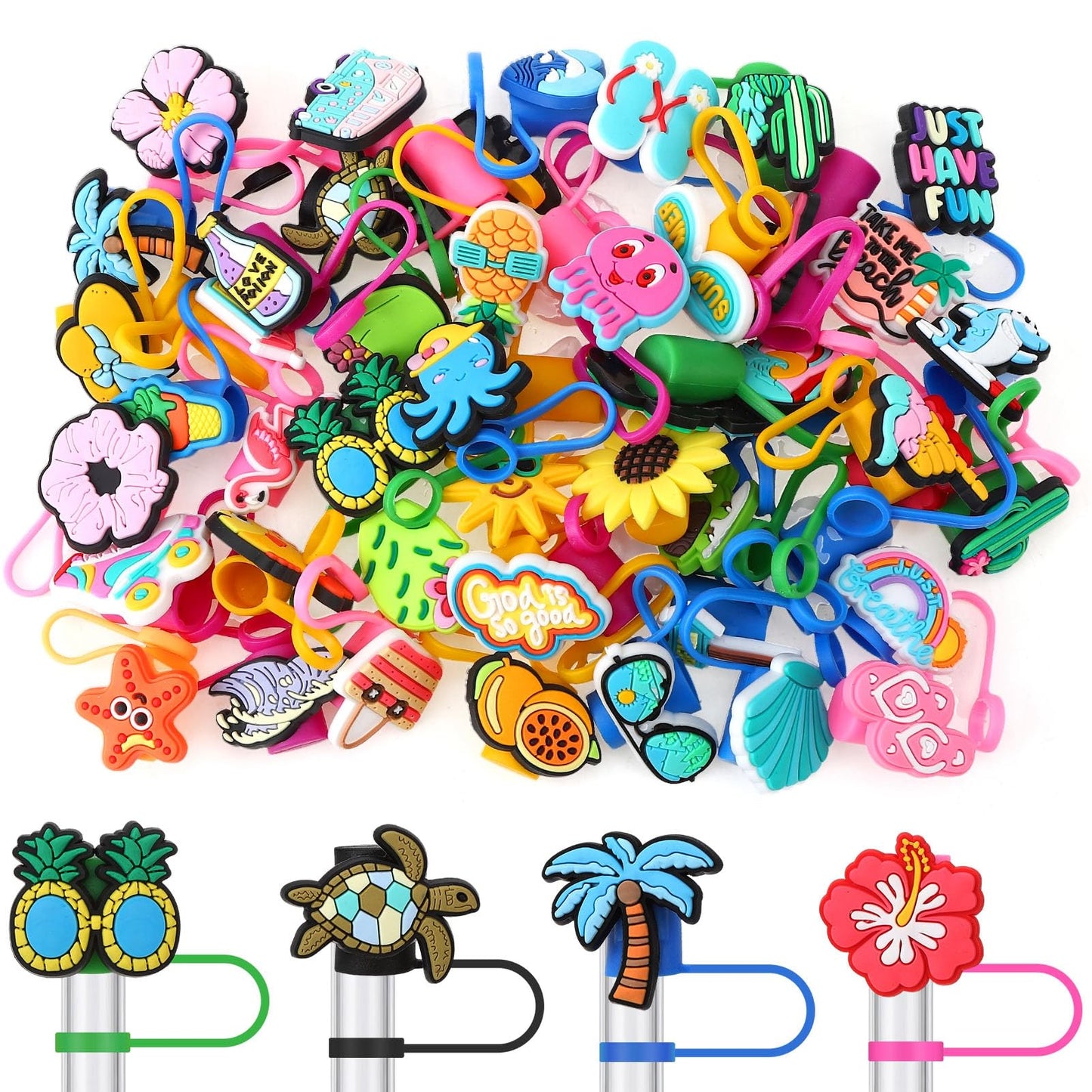 Ovveroche 50 Pcs Hawaii Tropical Summer Silicone Straw Cover Caps Compatible with Stanley Cup Cute Reusable Straw Toppers for Cups 30&40 Oz Tumbler Accessories 10mm