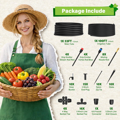 MIXC 2026-Upgrade 360° Adjustable Drip Irrigation System Kit, 133FT Bendable Watering Misting System with 3 Spray Nozzle Types, 1/2" (33FT) & 1/4" (100FT) Tubing for Garden Raised Bed Lawn Greenhouse