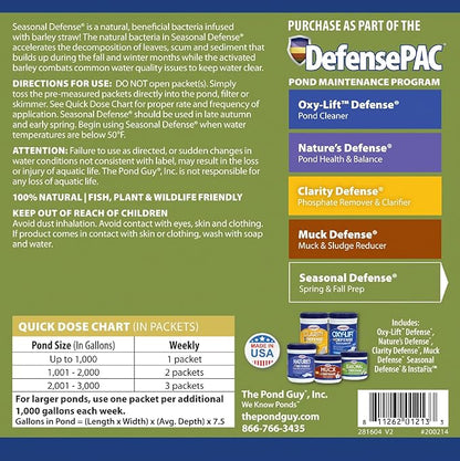 The Pond Guy Seasonal Defense, Spring & Fall Beneficial Bacteria, Barley & Enzymes, Cold Water Pond Sludge & Scum Treatment, Fish & Plant Safe, 96 Packets