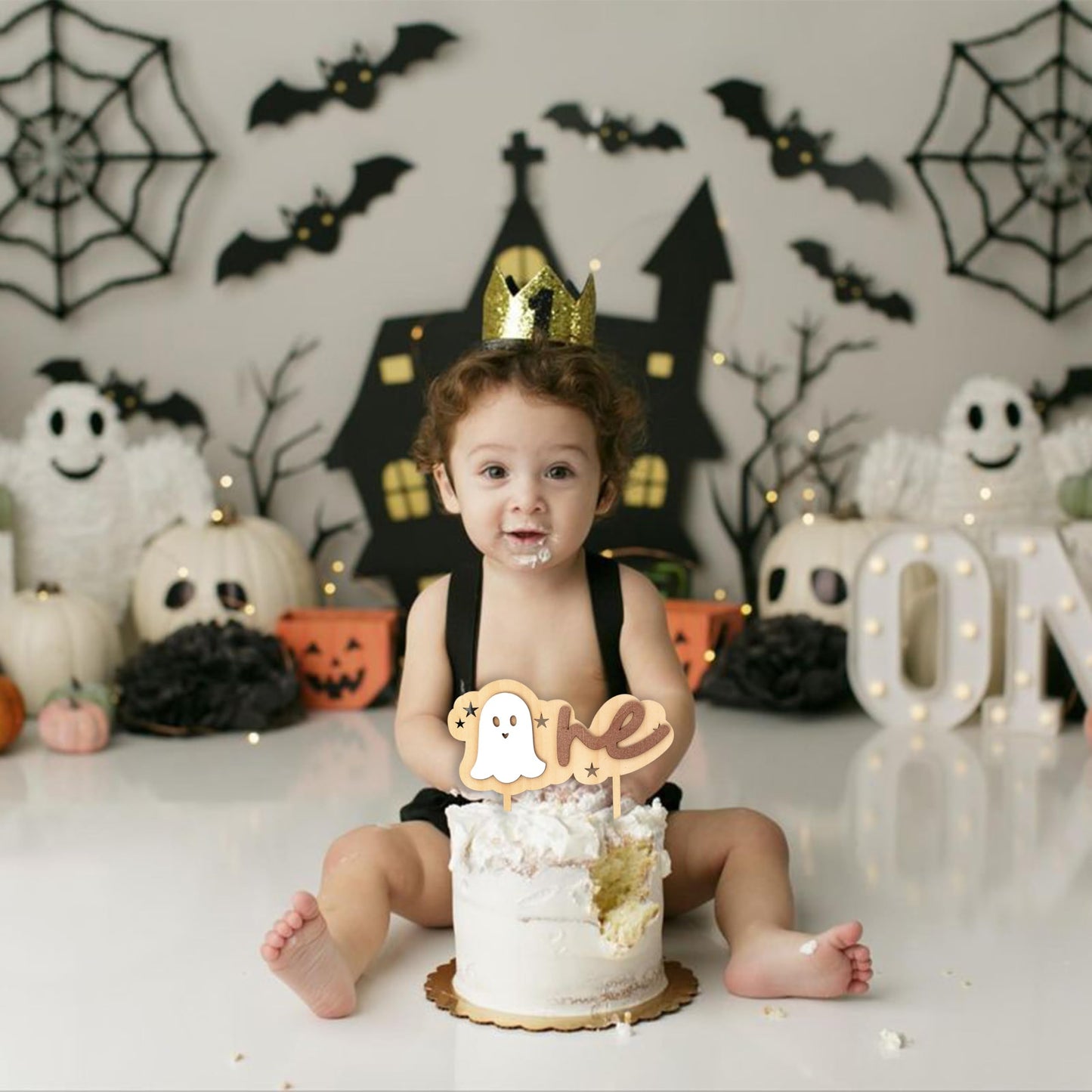 Vgaruint Wooden Spooky One Cake Topper - Halloween 1st Birthday Party Decorations,The Spooky One Birthday Decor, Ghost Cake Smash Photo Props