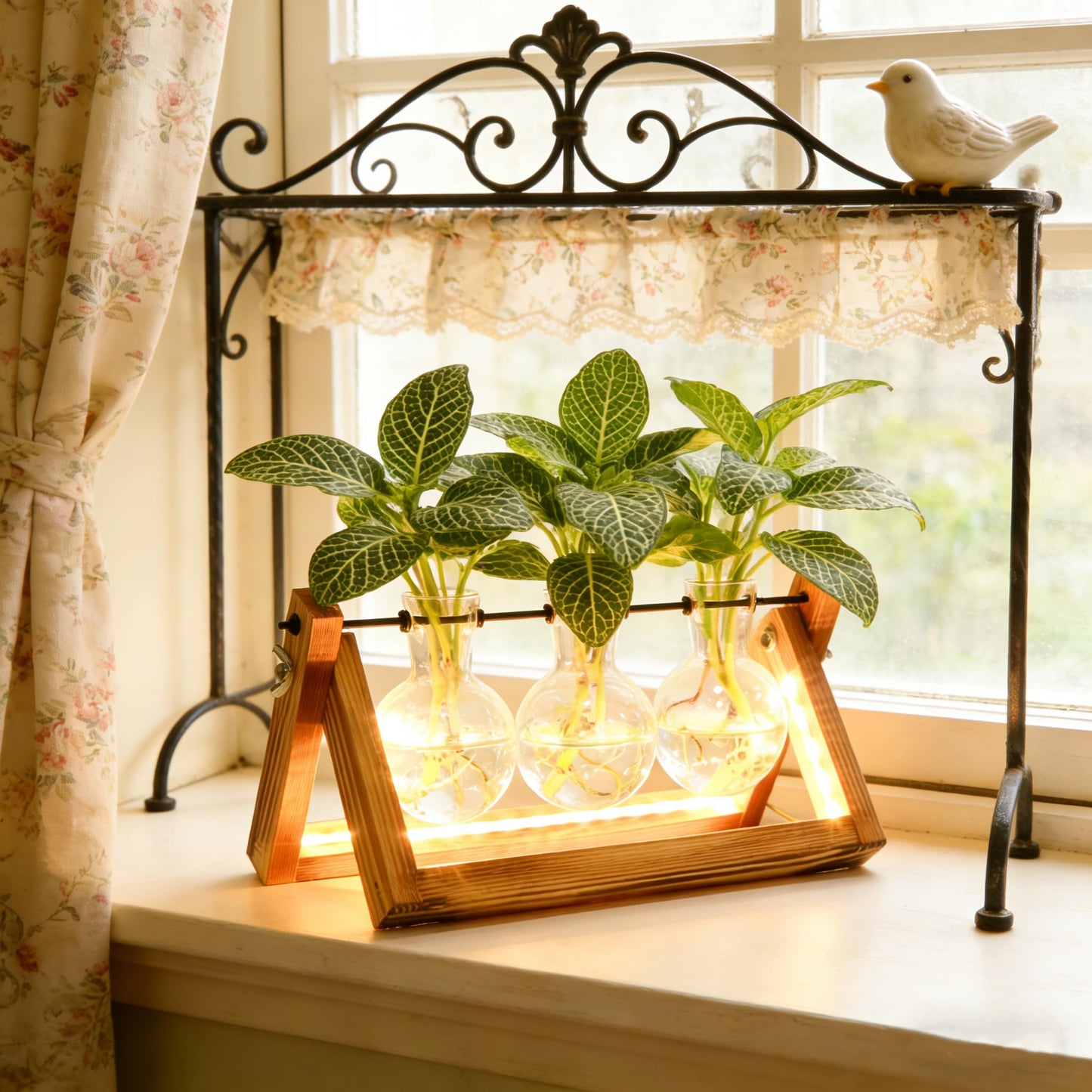 Plant Propagation Stations with LED Lights, Plants Terrarium with Retro Wooden Stand Glass Vase Hydroponics Planter Birthday Gift for Plant Lovers Home Garden Office Indoor Decoration-3 Bulb Vase
