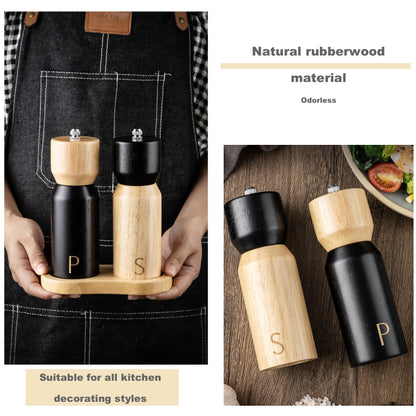 GCFTIFF Wooden Salt and Pepper Grinder Set, Refillable Salt & Pepper Mills Shakers,Manual Pepper Mill Made of Rubber Wood with Adjustable Ceramic Steel Core,with Wooden Stand & Spoon (2pcs 6.5 inches)