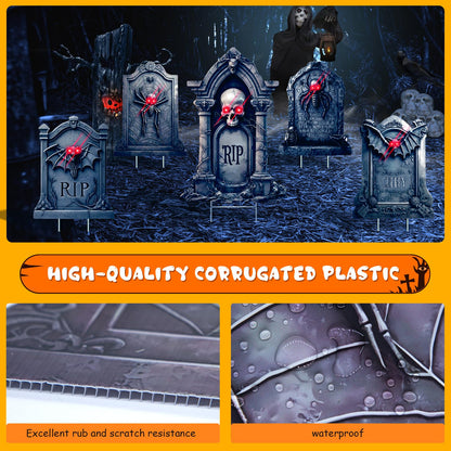 5 Pack Tombstone Halloween Decorations Plastic Yard Signs with Stakes,Graves Halloween Decorations Outdoor, Scary Gravestone Decorations with Glow in Dark Eyes for Outdoor Yard Lawn Garden Waterproof