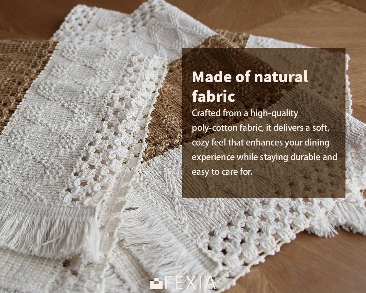 FEXIA Boho Placemats Set of 6, Macrame Table Decor Farmhouse Style Placemats in Natural Cotton Burlap, for Kitchen and Dining Table Centerpiece Home Decorations（Beige & Brown）