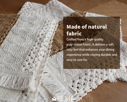 FEXIA Boho Placemats Set of 6, Macrame Table Decor Farmhouse Style Placemats in Natural Cotton Burlap, for Kitchen and Dining Table Centerpiece Home Decorations（Beige & Brown）