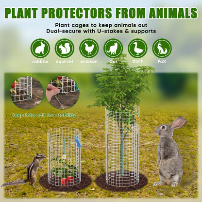 10-Set 12” x 24” Plant Protector from Animals, Hot-Dip Galvanized Metal Mesh Plant Cages, Dual-Secure with U-Stakes & Supports, Animal Barrier to Keep Rabbits & Chickens Out of the Graden