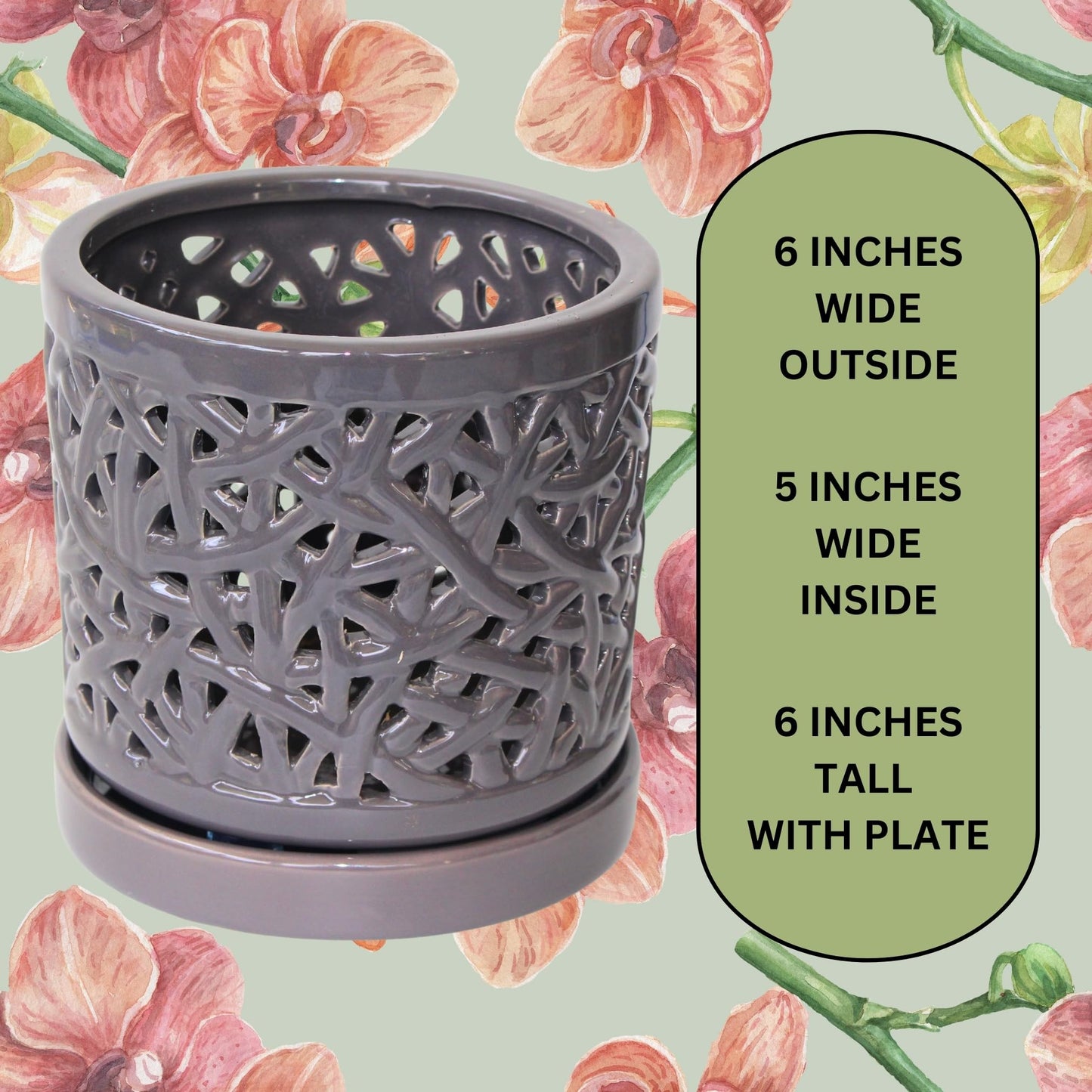 DESQUIGGLE Gray Large Ceramic Orchid Pot with Holes, 6 Inches Wide, for Indoors or Outdoors with Woven String Cut Out Design, Orchid Planters, Orchid Gifts