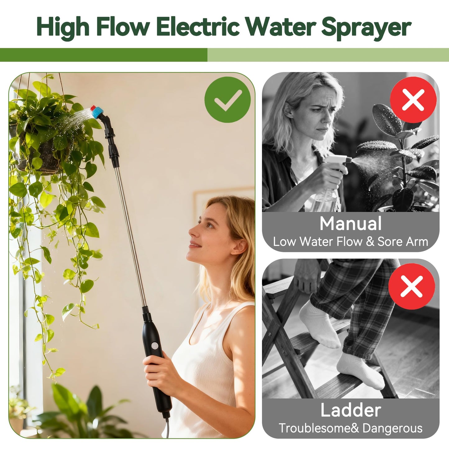 High Reach Electric Plant Waterer for Indoor Hanging Plants, Telescoping Indoor Water Sprayer Wand with Pump, 180° Adjustable Watering Nozzle High Flow Leakproof Design