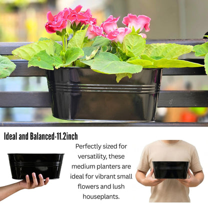 LaLaGreen Outdoor Rail Planter Plants (4 Pack, 11.2 Inch) Black Metal Iron Hanging Flower Pots Deck Railings Fence Buckets Modern Boho Style Wall Mount Window Box Plant Holder with Hooks Porch Decor