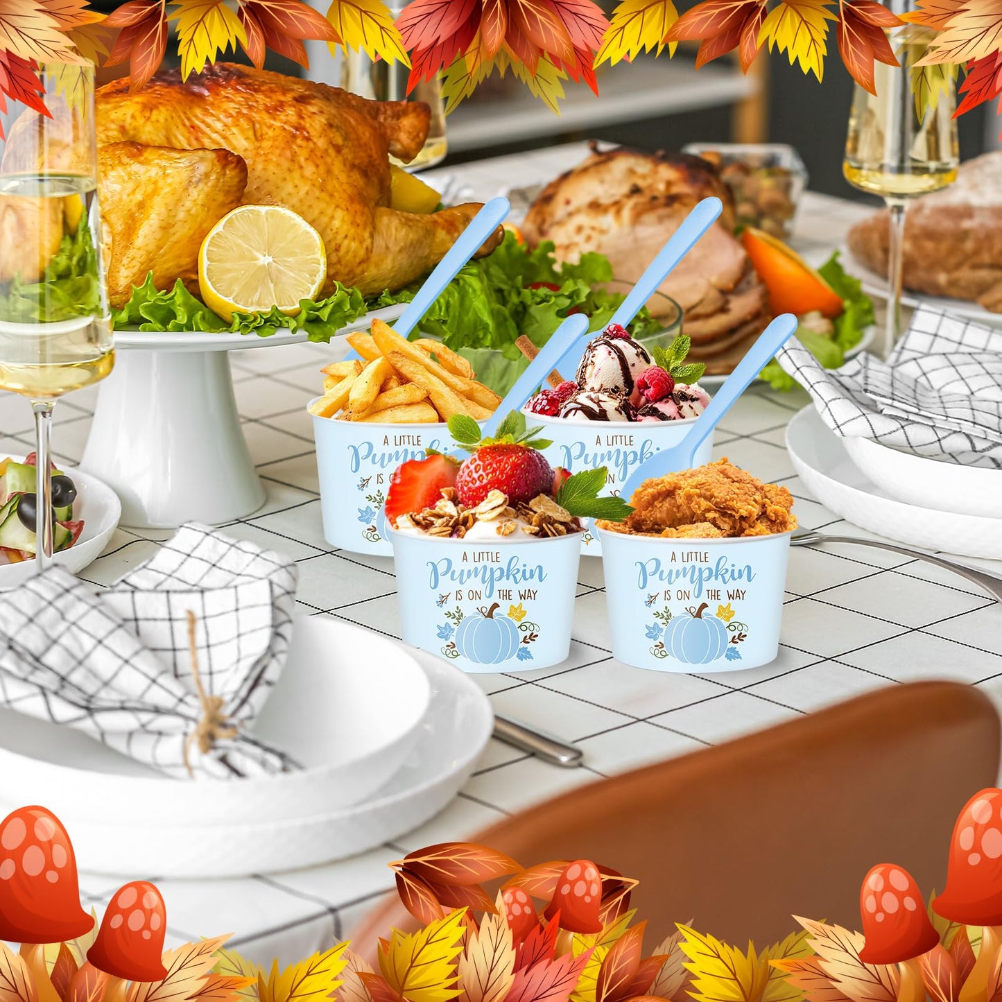 Yungyan 48 Pcs Fall Little Pumpkin Baby Shower Treat Snack Cups 9oz Disposable Ice Cream Bowls Party Supplies Thanksgiving Autumn Paper Cups with Spoons Maple Leaves Dessert Bowl for Hot Cold(Blue)