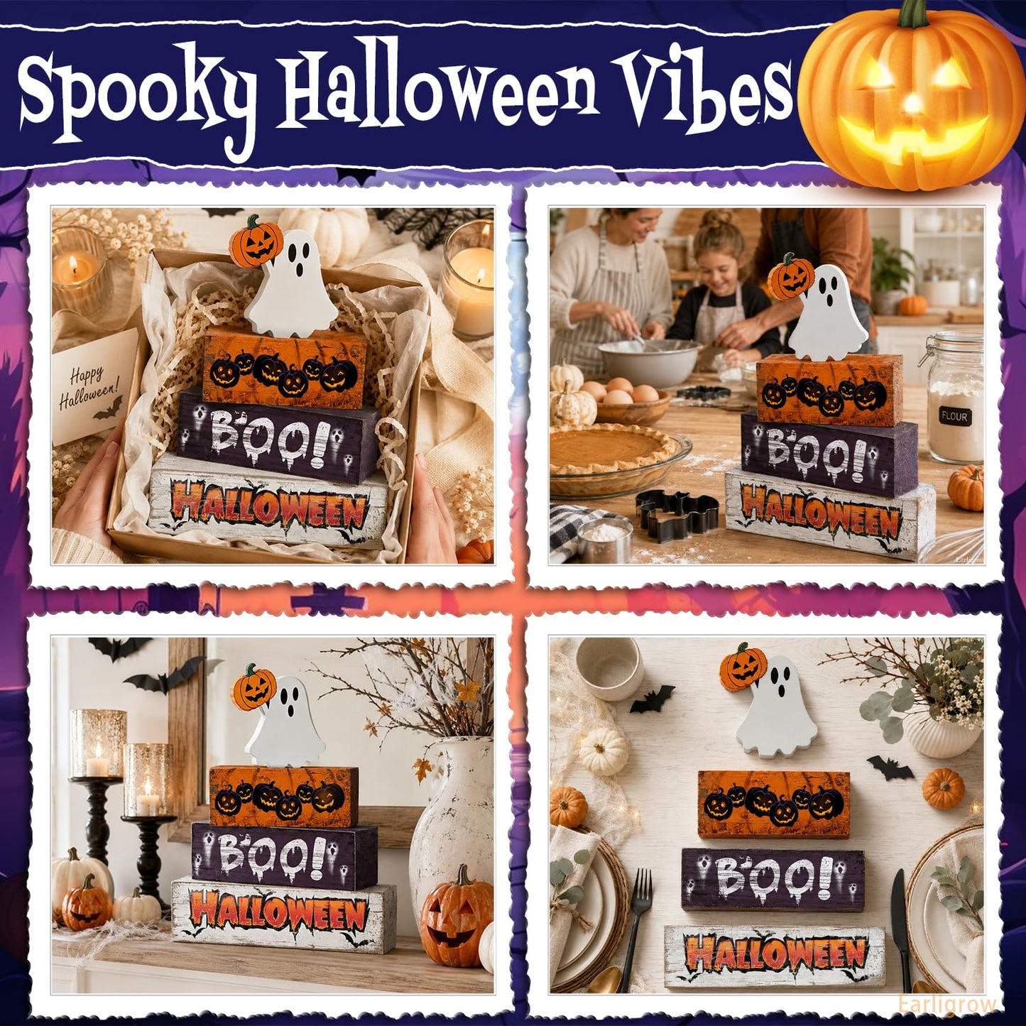4 Pcs Halloween Decor Wooden Ghost Pumpkin Tiered Tray Decorations Rustic Farmhouse Tabletop Centerpiece Boo Wood Block Sign for Home Kitchen Shelf Mantel Office Desk