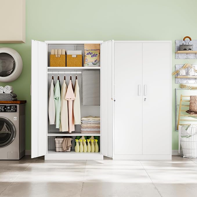 Letaya Metal Wardrobe Cabinets with Lock,Clothing Locker 72" X 36" X 18" Storage Cabinets for Home Room,Fire Department, School, Employee,Gym,Government (White)
