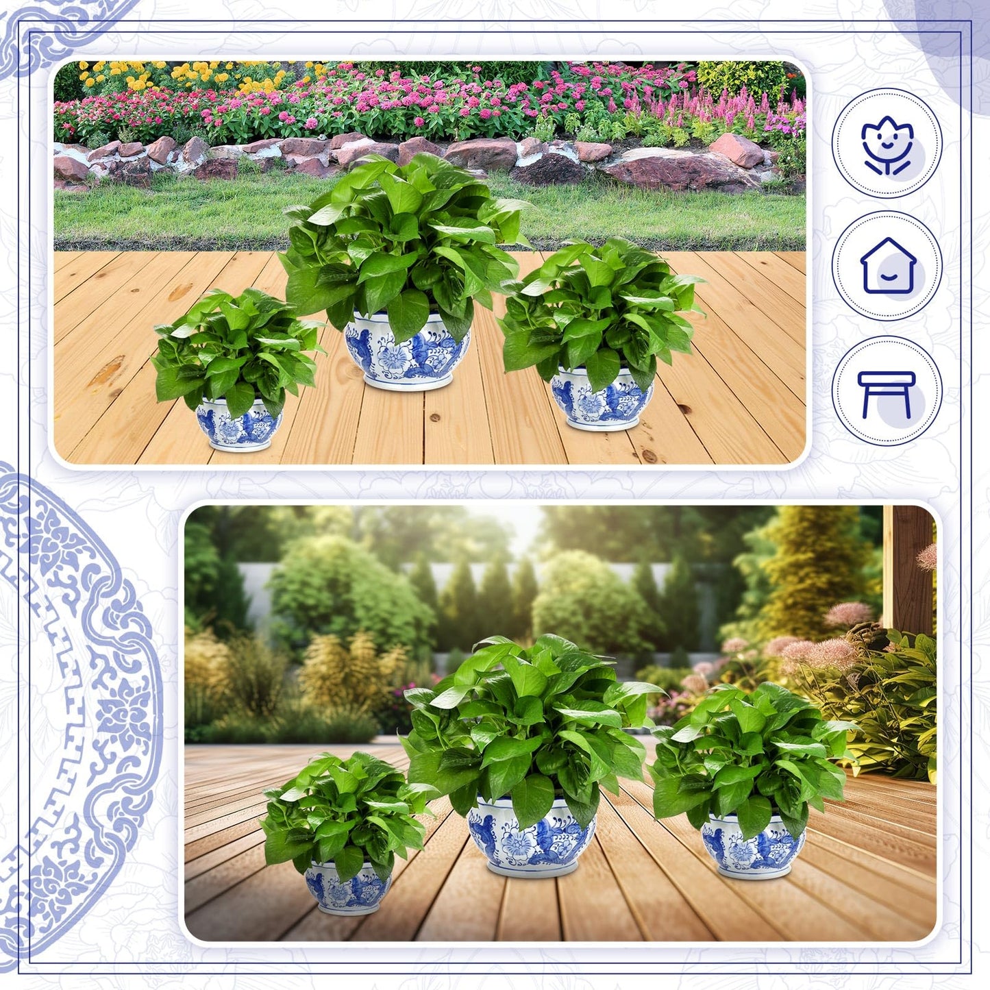Briwooody Set of 3 Blue and White Porcelain Flower Pots 7.2'' 6'' 4'' Decorative Chinoiserie Plant Pots with Drainage Hole Saucers Ceramic Planters for Indoor Garden(Elegant Style)