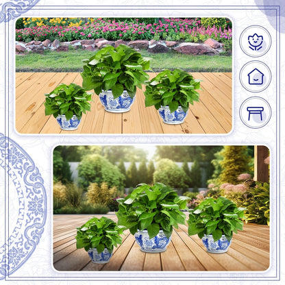 Briwooody Set of 3 Blue and White Porcelain Flower Pots 7.2'' 6'' 4'' Decorative Chinoiserie Plant Pots with Drainage Hole Saucers Ceramic Planters for Indoor Garden(Elegant Style)