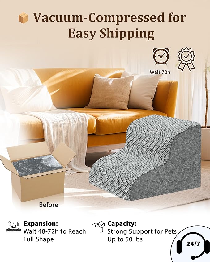 Dog Stairs for Couch & Sofa, 11.8"H 2 Step Low Height Pet Steps for Small Dogs & Cats, Non-Slip Dog Steps for Chair and Low Bed, Easy Climb Lightweight Indoor Pet Stairs with Washable Cover