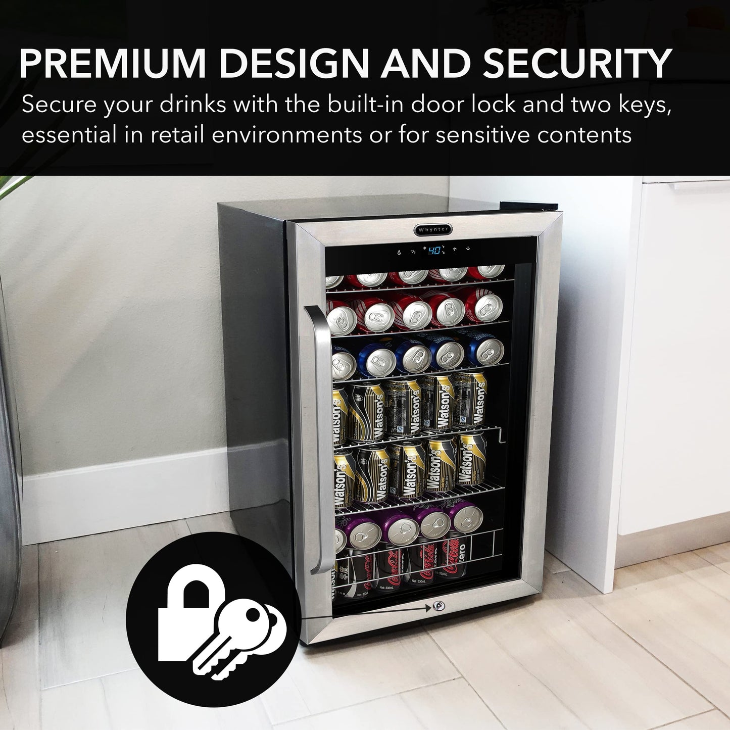 Whynter Beverage Refrigerator with Double-Layer Glass Door, 136-Can Drink Mini Fridge with Lock & Digital Control, BR-1211DS, 3.4 Cubic Feet, Stainless Steel