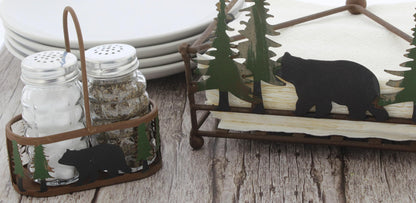 Distinctive Designs Black Bear and Pines Salt and Pepper Shaker Holder Set - 3 Piece Set - Bear Salt and Pepper Shakers - Rustic Lodge Kitchen Tabletop Cabin Decor