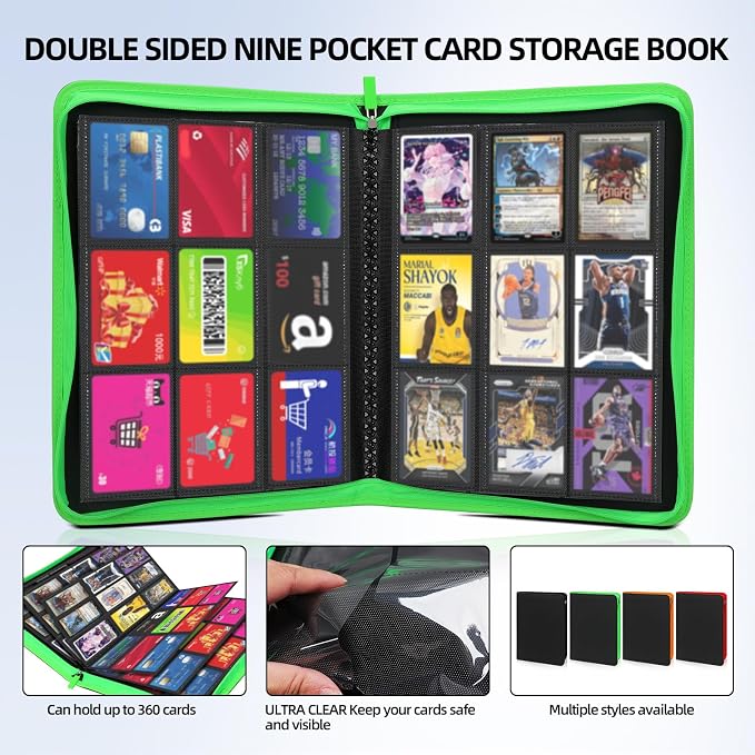 Premium Trading Card Storage Album,9 Pocket 40 Side Pages, 360 Cards,Black Zipper Binder for Collectible Games, Sports Card Organization&Protection (Black Fluorescent Orange Color)