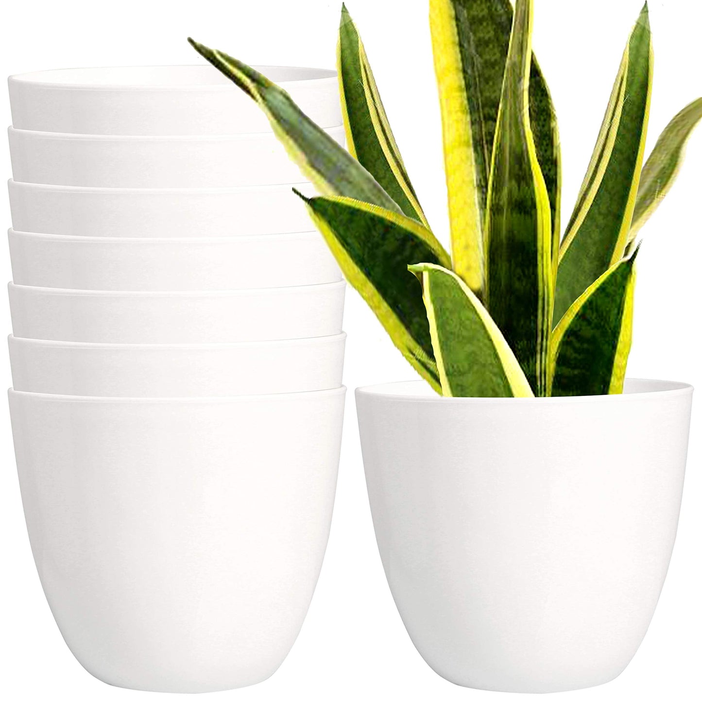 Youngever 7 Pack 6.5 Inch Plastic Planters Indoor Flower Plant Pots, Modern Decorative Gardening Pot with Drainage for All House Plants, Flowers, Herbs, Succulents and Hanging Plants (White)