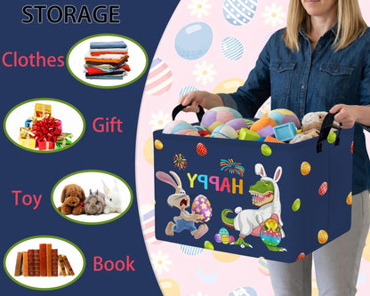 TUAUAN Large Easter Basket Folded Teen Eggs Box Canvas Empty Shelf Storage Bin Bunny Room Decor (Deep Blue)