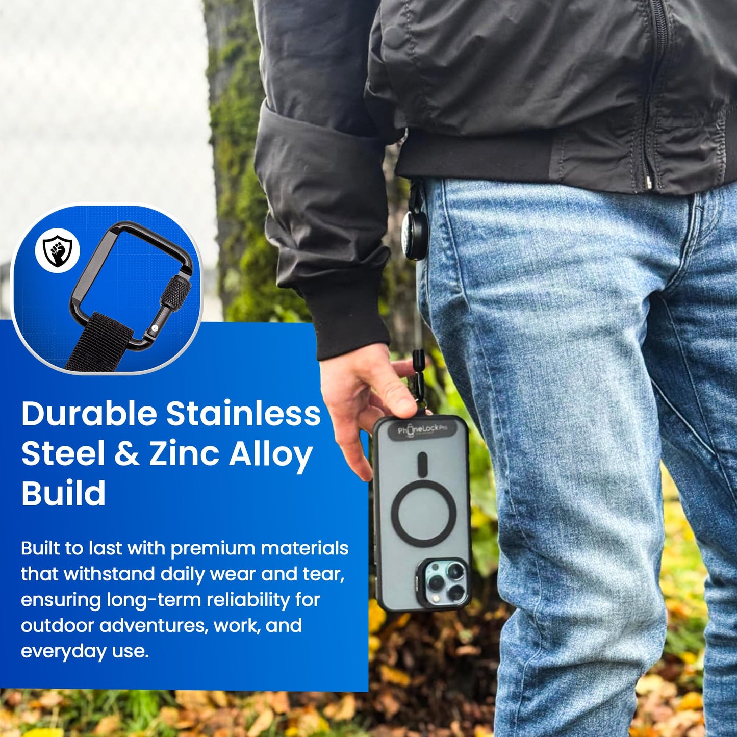 PhoneLockPro - Retractable Anti-Theft Phone Holder with Belt Clip – Durable Stainless Steel and Zinc Alloy – Perfect for Travel, Hiking, Work, and Daily Use – Prevent Drops and Protect Against Theft