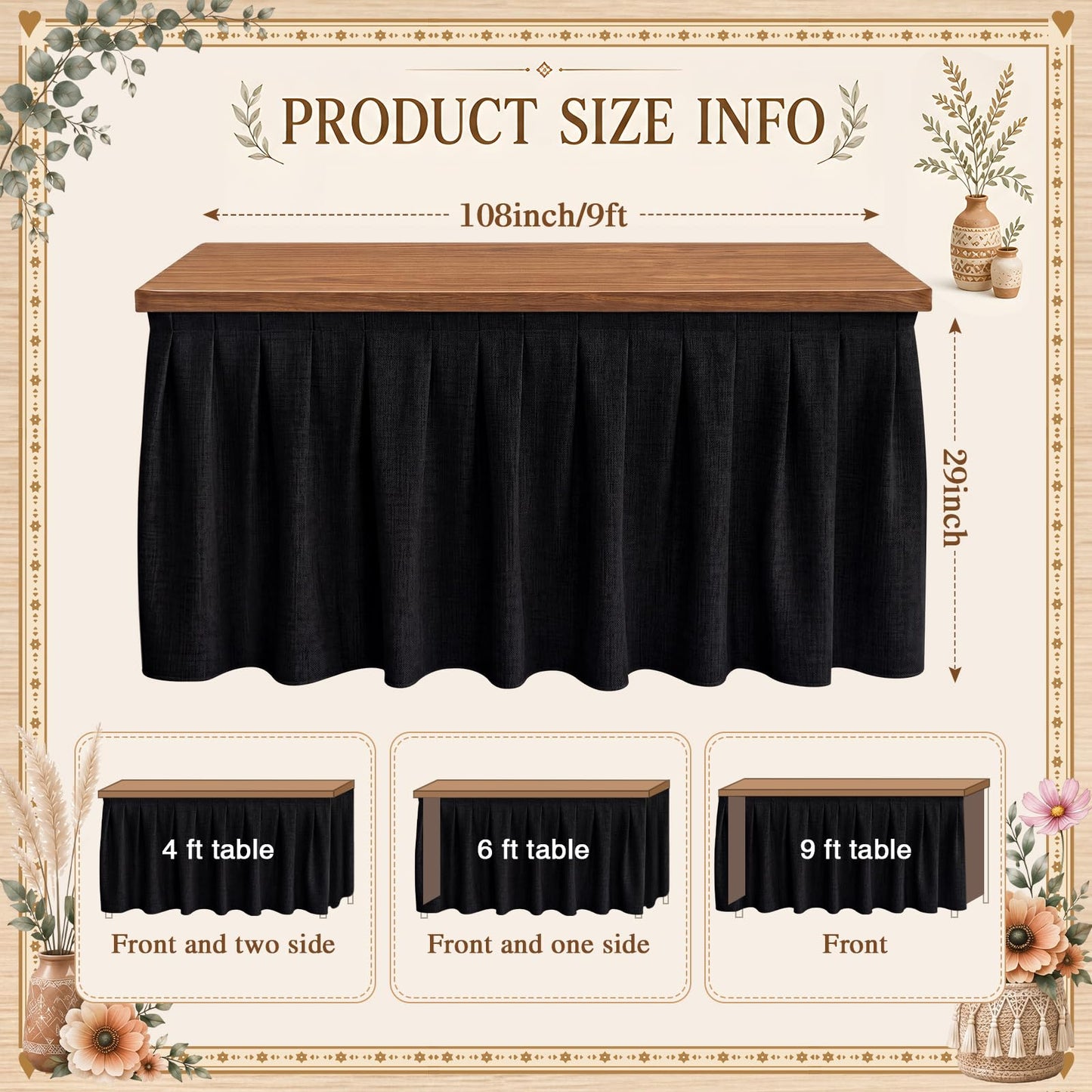 Tingjoo Black 9 ft X 30'' Teacher Desk Skirts Linen Textured Desk Tablecloth Skirts Pleated Office Decor Back to School Supplies for Classroom School Office Rectangular Round Table Cover