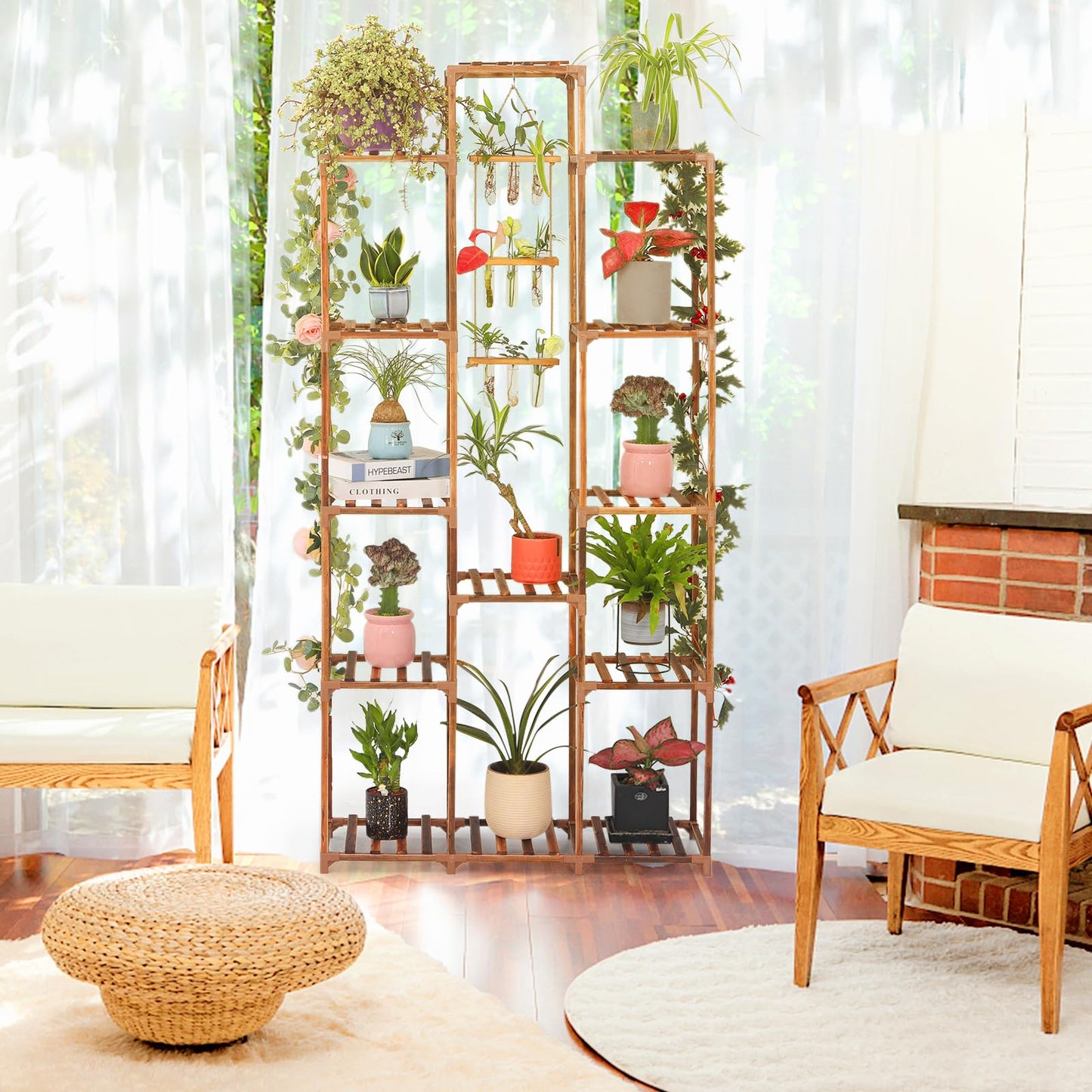 XXXFLOWER Plant Stand Indoor Outdoor 13 Tiers Wood Plant Shelf+ 2 Pack Hanging Baskets Plastic Flower Pot（Green）