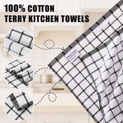 Homaxy Premium Kitchen Towels(16”x 28”, 6 Pack), Large Ring Spun Cotton Dish Towels, Super Absorbent Soft Terry Kitchen Hand Towels, Check Design Tea Towel Set with Hanging Loop, Black