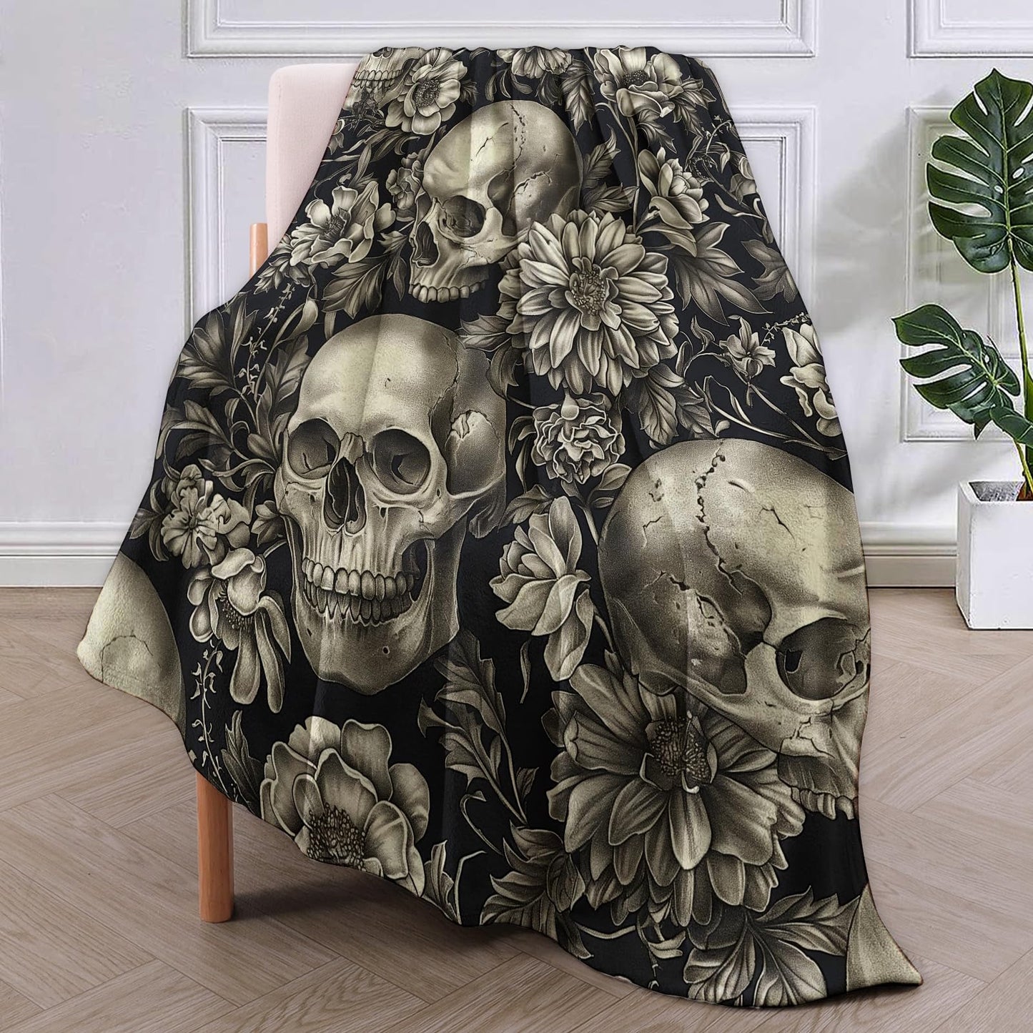 VANZEV Gothic Garden Skull Fleece Blanket Gifts, Dark Floral and Skeleton Design, Soft Throw 50x60 inches, Elegant Home Halloween Decor - Black and White