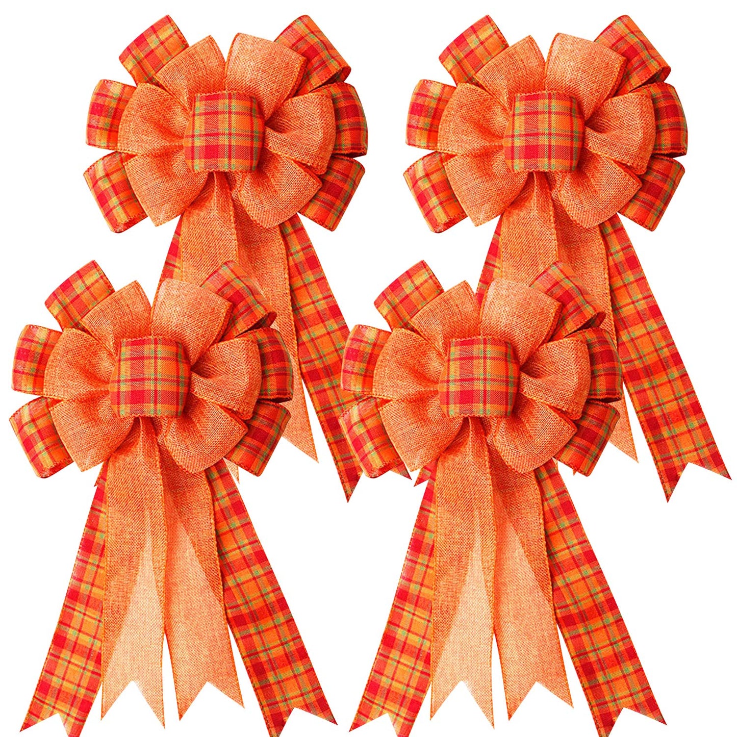 4Pcs Large Fall Thanksgiving Wreath Gift Bow -18.8x10.6inch Orange Buffalo Plaid Check Wreath Swag Bow Wreaths Pre-Tied Bows for Fall, Thanksgiving, Christmas, Home Indoor Outdoor Ornaments