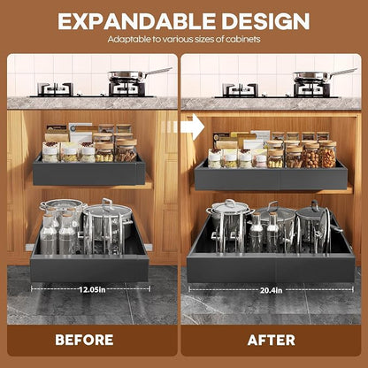 Seinloes 4Pack Expandable Pull Out Cabinet Organizer 21"Deep With Raising Pad for Framed Cabinets,Slide Out Drawers with 4pcs Divider Racks,Roll Out Shelves Adhesive,Adjustable Width 12.05"-20.4"Black