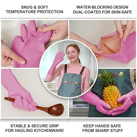 DABOGOSA Mamison 2 Pairs Reusable Waterproof Household Dishwashing Cleaning Rubber Gloves, Non-Slip Kitchen Glove (Pink, Large (Pack of 3))