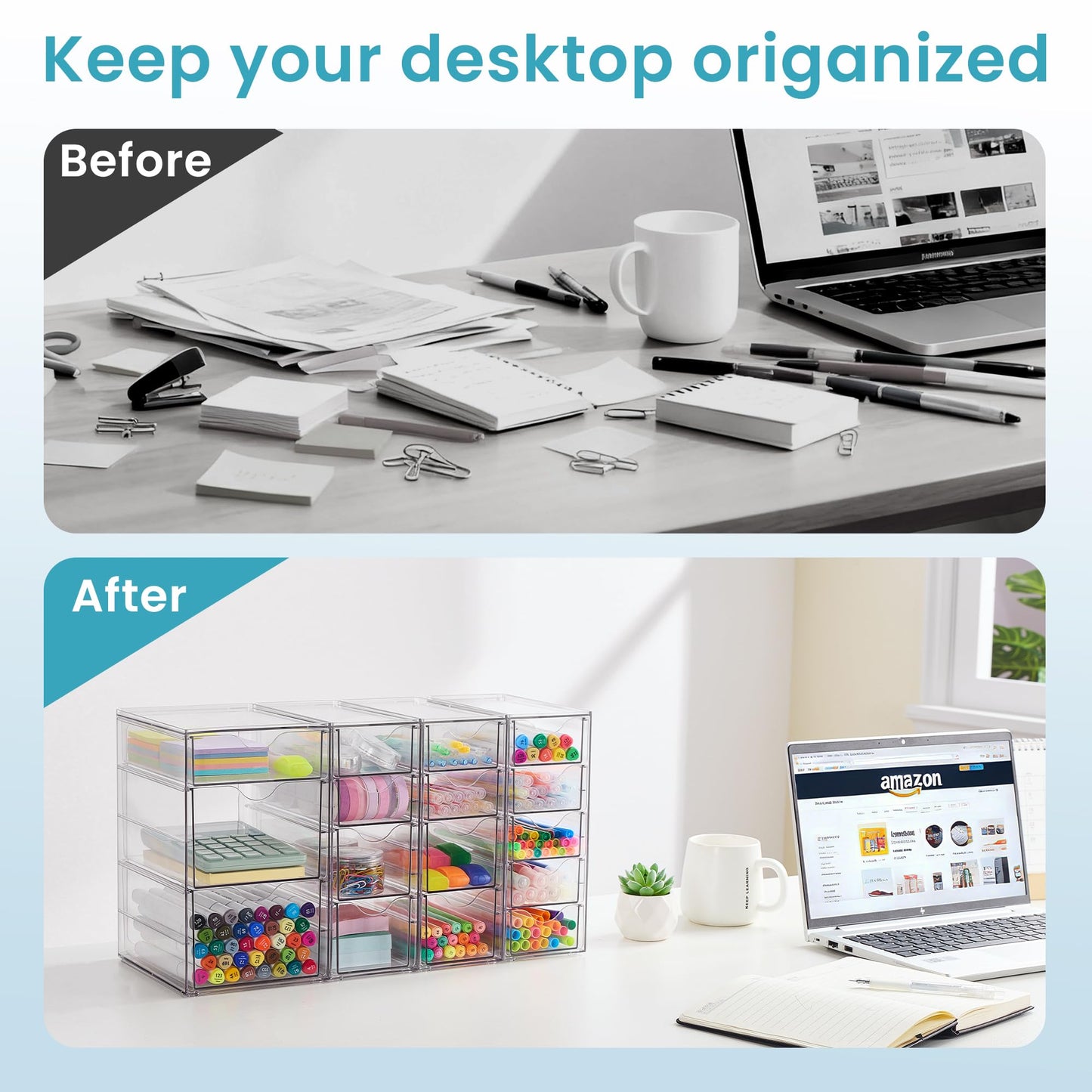 Vtopmart 4 Set Clear Desk Organizer, Pen Organizer with 16 Drawers, Acrylic Desktop Organization and Storage for Office Supplies, Pen, Makeup, Art Craft, Jewelry