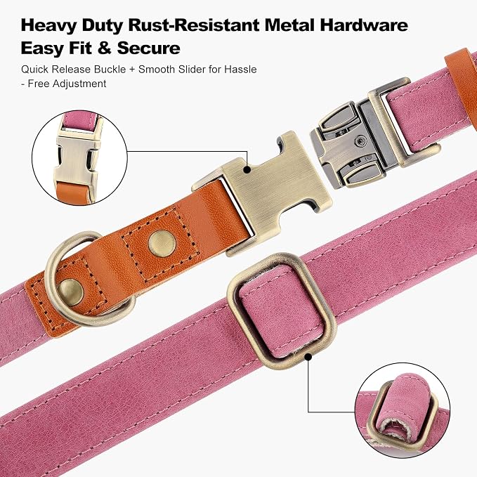 Plutus Pet Genuine Leather & Hemp Dog Collar – Adjustable Heavy Duty Pet Collar with Quick Release Metal Buckle, Soft & Stylish for Puppy and Small, Medium, Large Dogs (Pink, M)