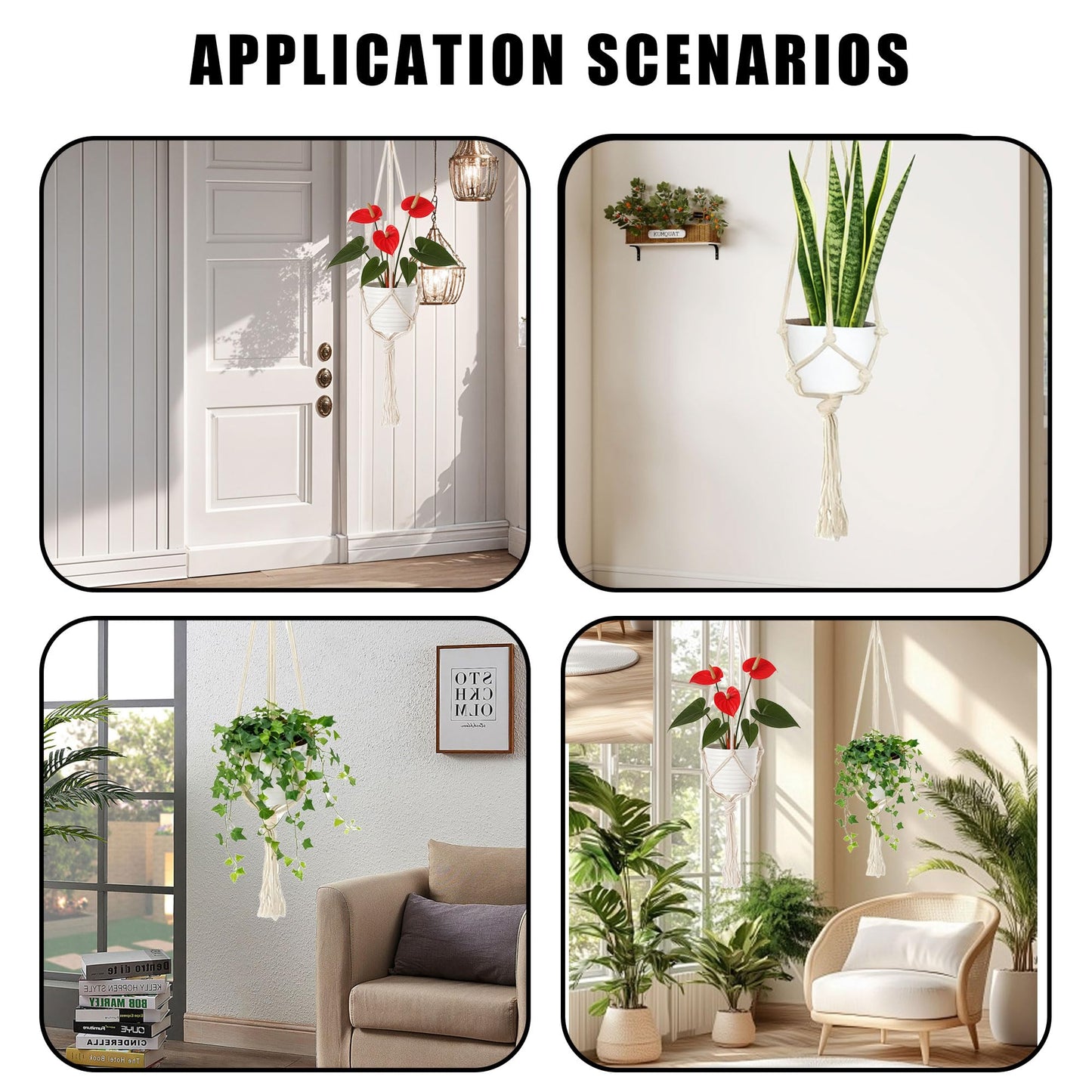 6Pcs White Macrame Plant Hanger Set Different Tiers Hanging Plant Holders Indoor Plant Hangers from Ceiling Hanging Planter Basket Cotton Rope with S Hooks and Hook Nails Boho Home Decor