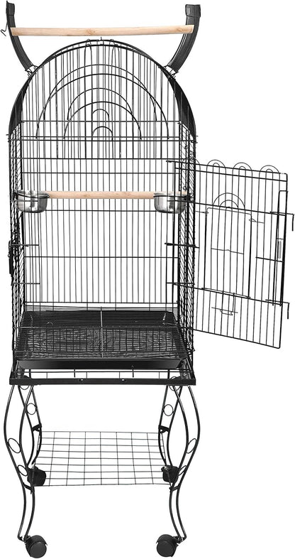 63.5" Rolling Bird Cage Open Top Large Iron Cage for Quaker Parrot Cockatiel Sun Parakeet Green-Cheek Conure with Rolling Stand & Storage Shelf