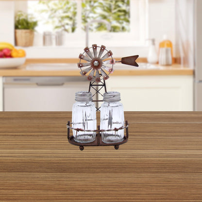 Windmill Salt and Pepper Set Holder, Unique Rustic Décor, Shakers Included, 6.5 Inches