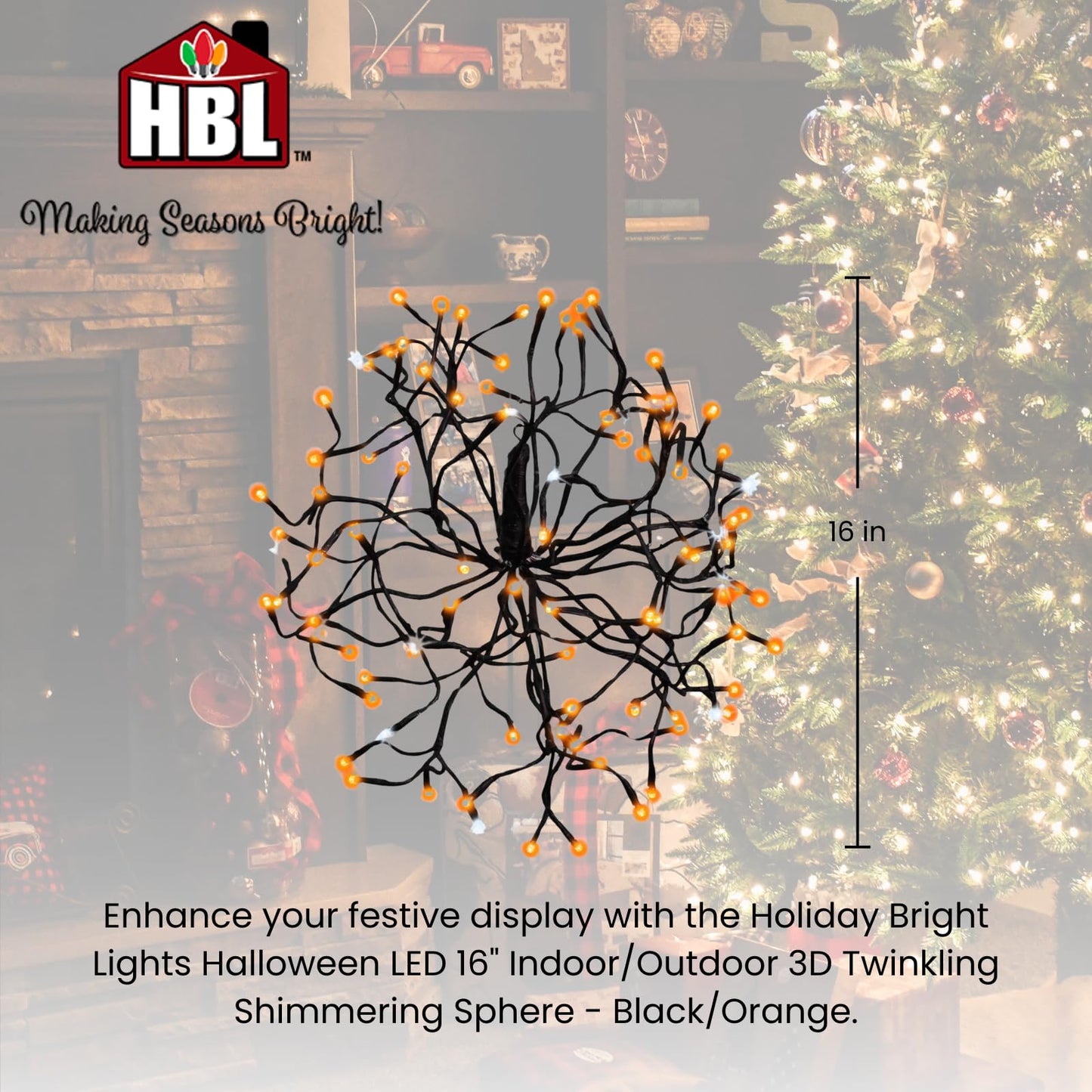 Holiday Bright Lights 16-Inch Halloween 3D Shimmering Sphere 96-Count 5mm LED Bulbs Indoor Outdoor Black and Dark Orange