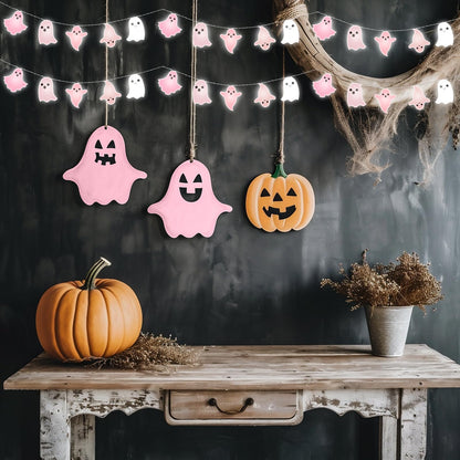 Ganeen Halloween Pink Ghost Decorations Halloween Pink Ghost String Lights 10 ft 20 LED Hanging LED Lights Battery Operated for Home Party Indoor Outdoor Cute Decor