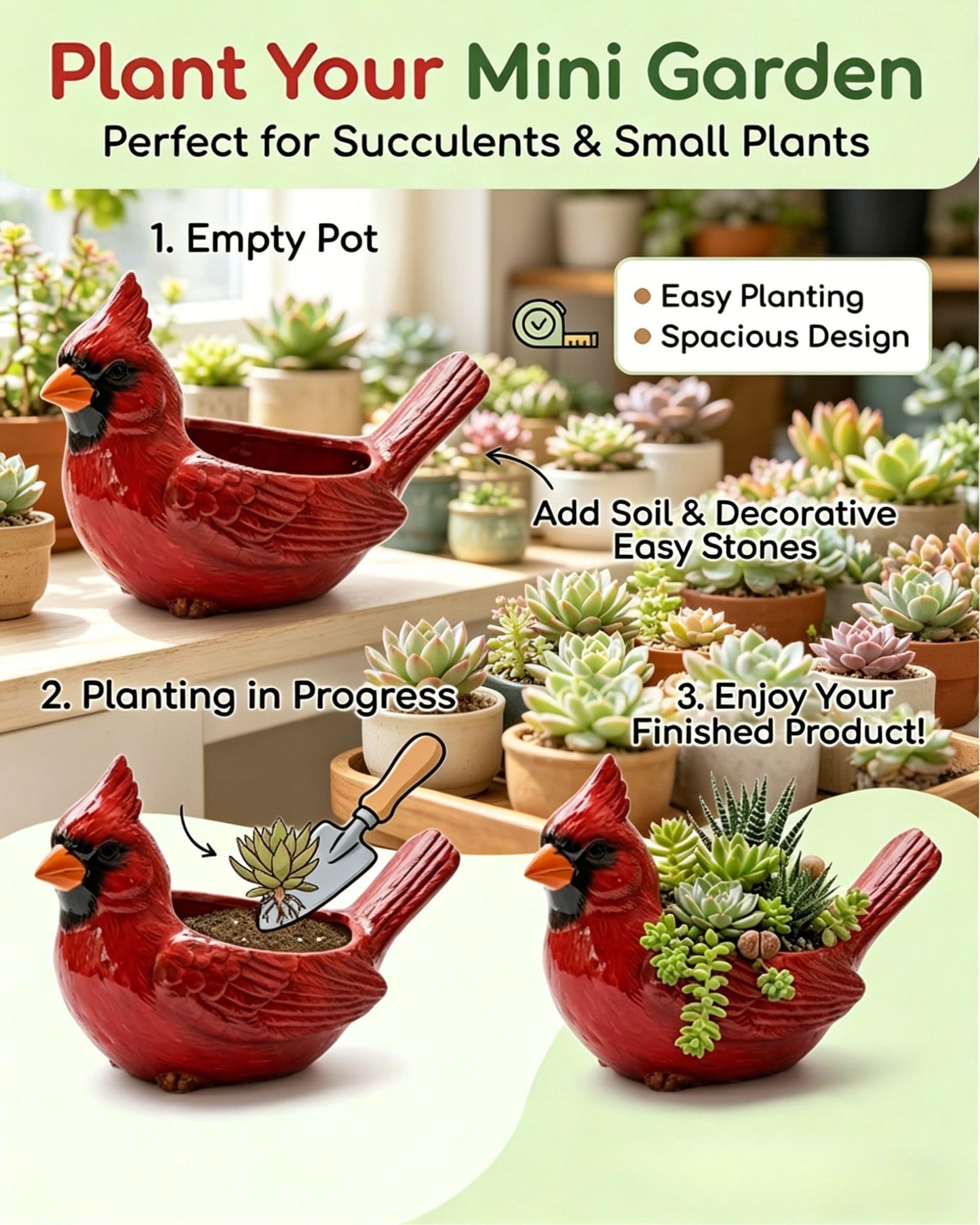 Nosecado Cardinal Bird Succulent Planter, Red Birds Plant Pot, Cardinal Succulent Planter Flower Plant Pot, Small Bird Planter for Desk Windowsill Garden Decor, Unique Gift (Green)