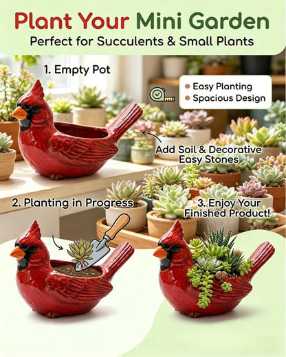 Nosecado Cardinal Bird Succulent Planter, Red Birds Plant Pot, Cardinal Succulent Planter Flower Plant Pot, Small Bird Planter for Desk Windowsill Garden Decor, Unique Gift (Green)