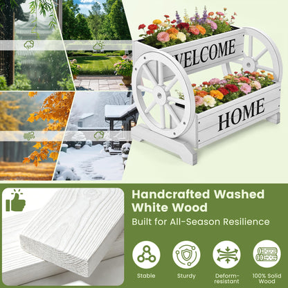 Ultym 2-Tier Wooden Wagon Planter Box, Extra Large Decorative Flower Cart with Wheels, Washed White Rustic Wood Planter with Drainage Holes & Non-Woven Liner, Raised Bed for Flowers Herbs Vegetables
