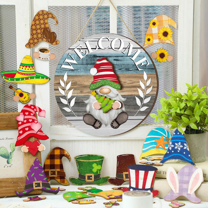 Qunclay Antique Interchangeable Wooden Gnome Decor Holiday Seasonal Gnome Decorations with Magnet Pieces and Detachable Hats Changeable Welcome Sign for Home