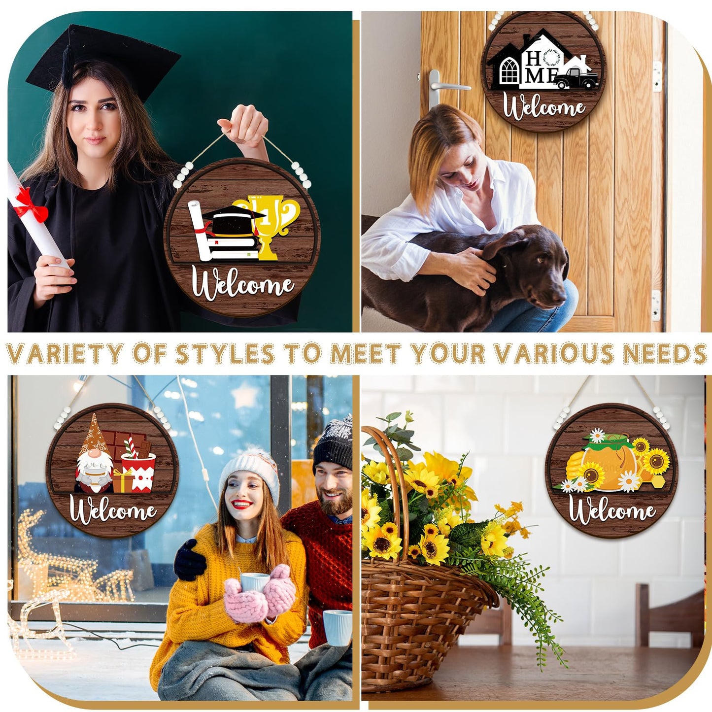 Sintuff 16 Pcs 12 Inch Magnetic Welcome Door Sign Interchangeable Front Door Wreath Decor Rustic Seasonal Hanging Sign Patriotic Summer Decor for Home Warming Gift(White Word, Brown Back)