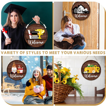 Sintuff 16 Pcs 12 Inch Magnetic Welcome Door Sign Interchangeable Front Door Wreath Decor Rustic Seasonal Hanging Sign Patriotic Summer Decor for Home Warming Gift(White Word, Brown Back)