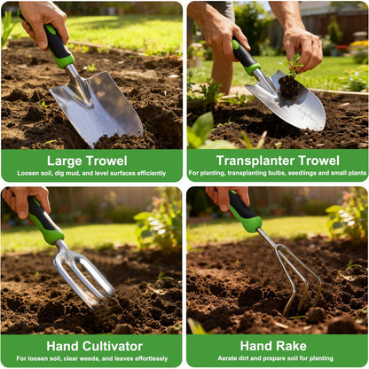 Yesker Gardening Tools 9-Piece Heavy Duty Garden Tool Set Gardening Supplies Gifts for Women Men Gardening Hand Tool Kit with Non-Slip Ergonomic Handle, Garden Bag, Durable Gloves and Shears, Green